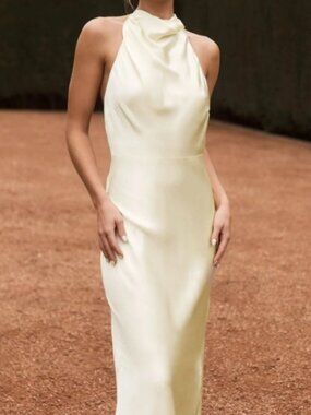 NWT ESTHER Iridescent Satin Cowl Maxi Dress Lemon Sorbet | Size XXS